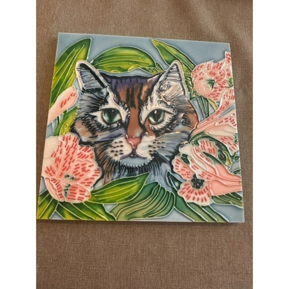En Vogue 8x8 Hand Painted Ceramic Cat Art Tile Flowers 3D Raised Vtg Wall Decor